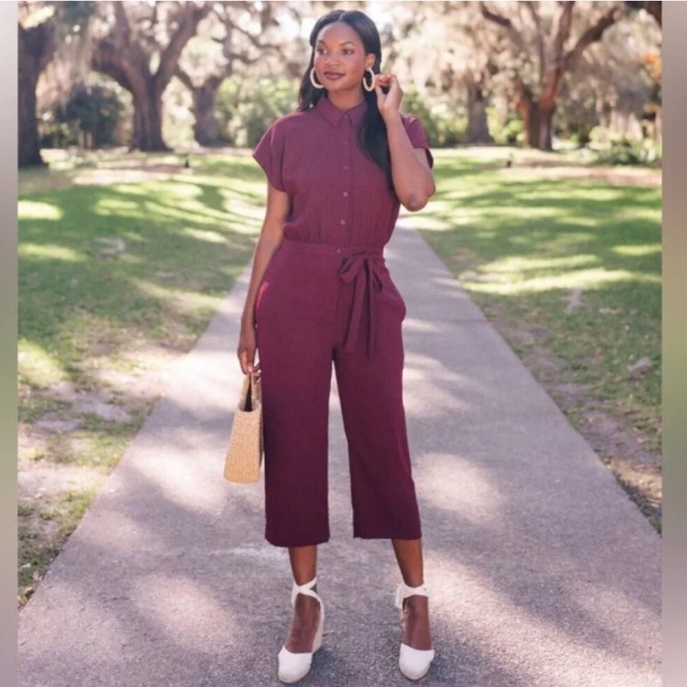 GAL MEETS GLAM Raina Elegant Burgundy Wine Maroon Jumpsuit